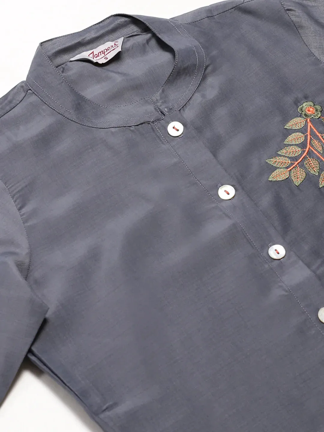 Women Grey Embroidered Solid Kurta With Trousers