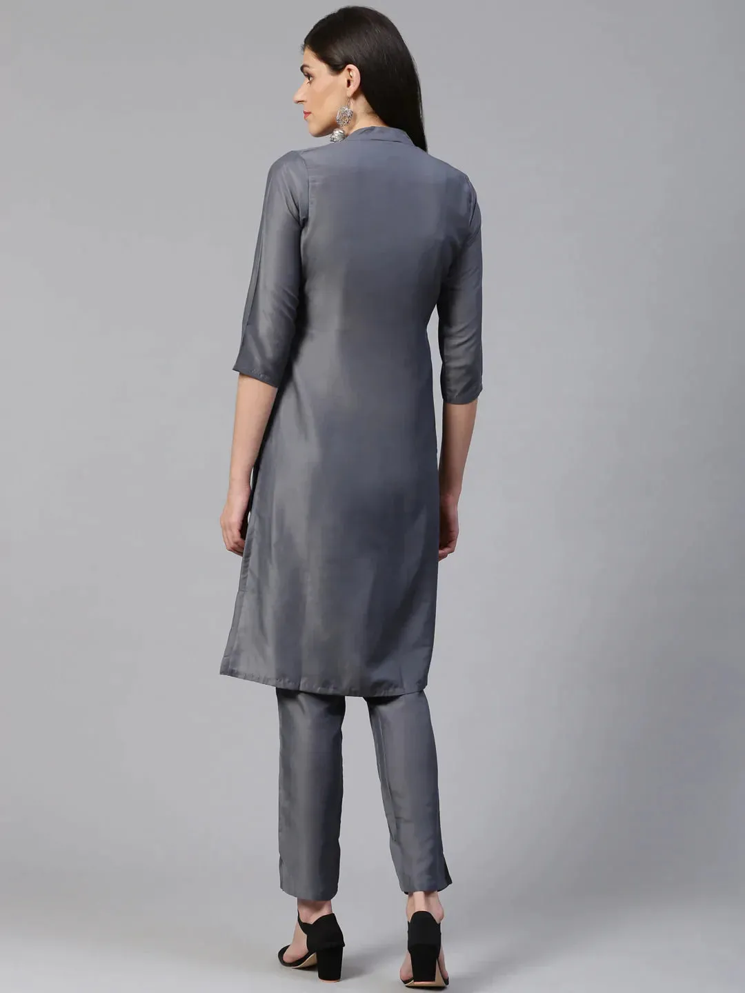Women Grey Embroidered Solid Kurta With Trousers