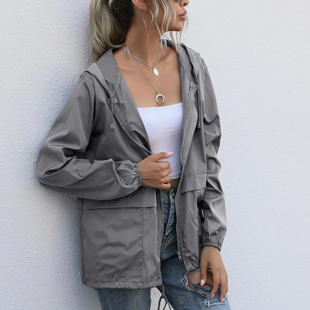 Women hooded drawstring outdoor zipper lightweight waterproof coat