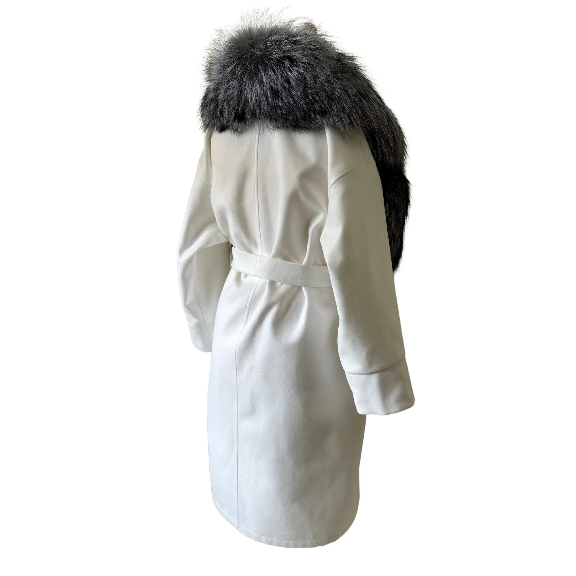 Women Ivory Off-White Coat long Woolen blend and Collar silver fox fur, Wrap elegant womens event coat