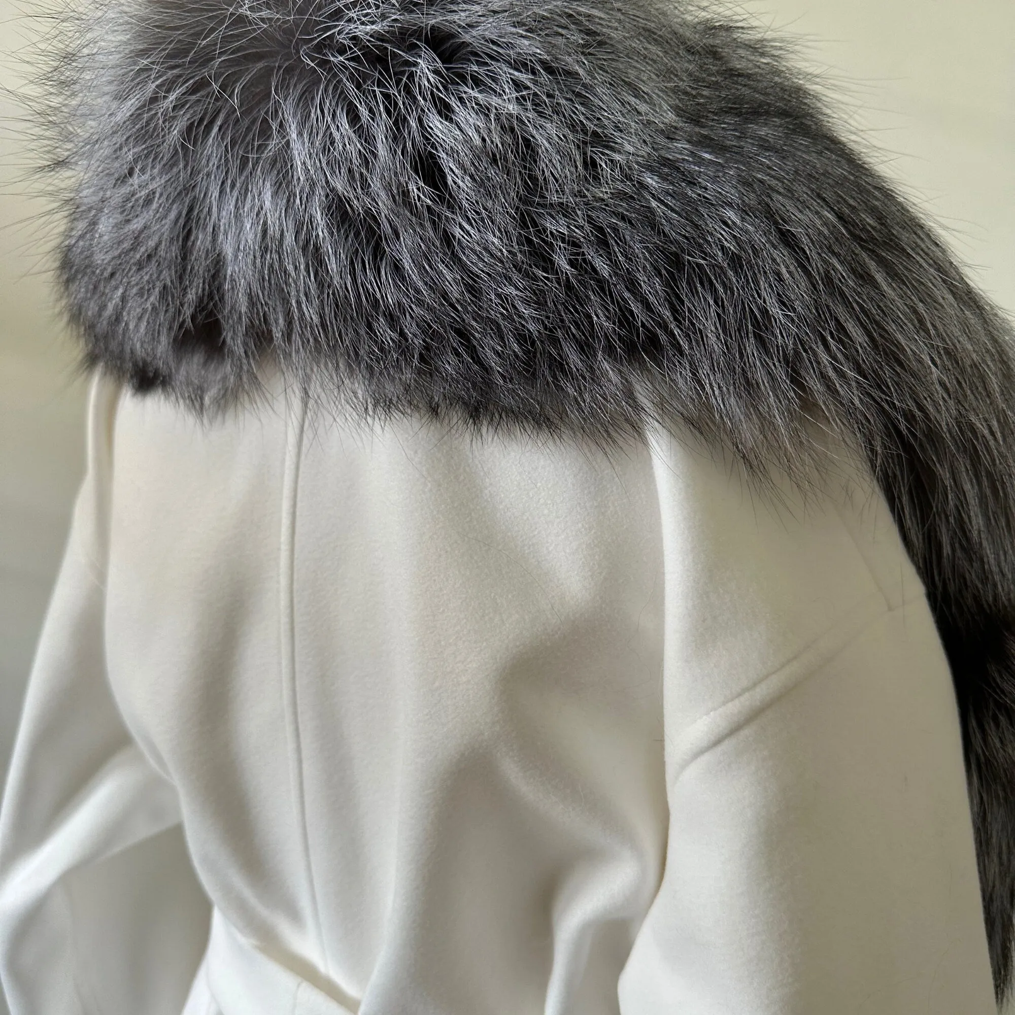 Women Ivory Off-White Coat long Woolen blend and Collar silver fox fur, Wrap elegant womens event coat