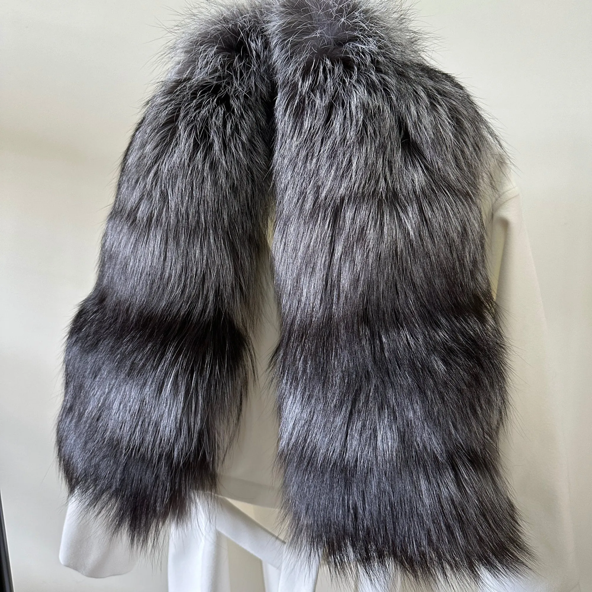 Women Ivory Off-White Coat long Woolen blend and Collar silver fox fur, Wrap elegant womens event coat