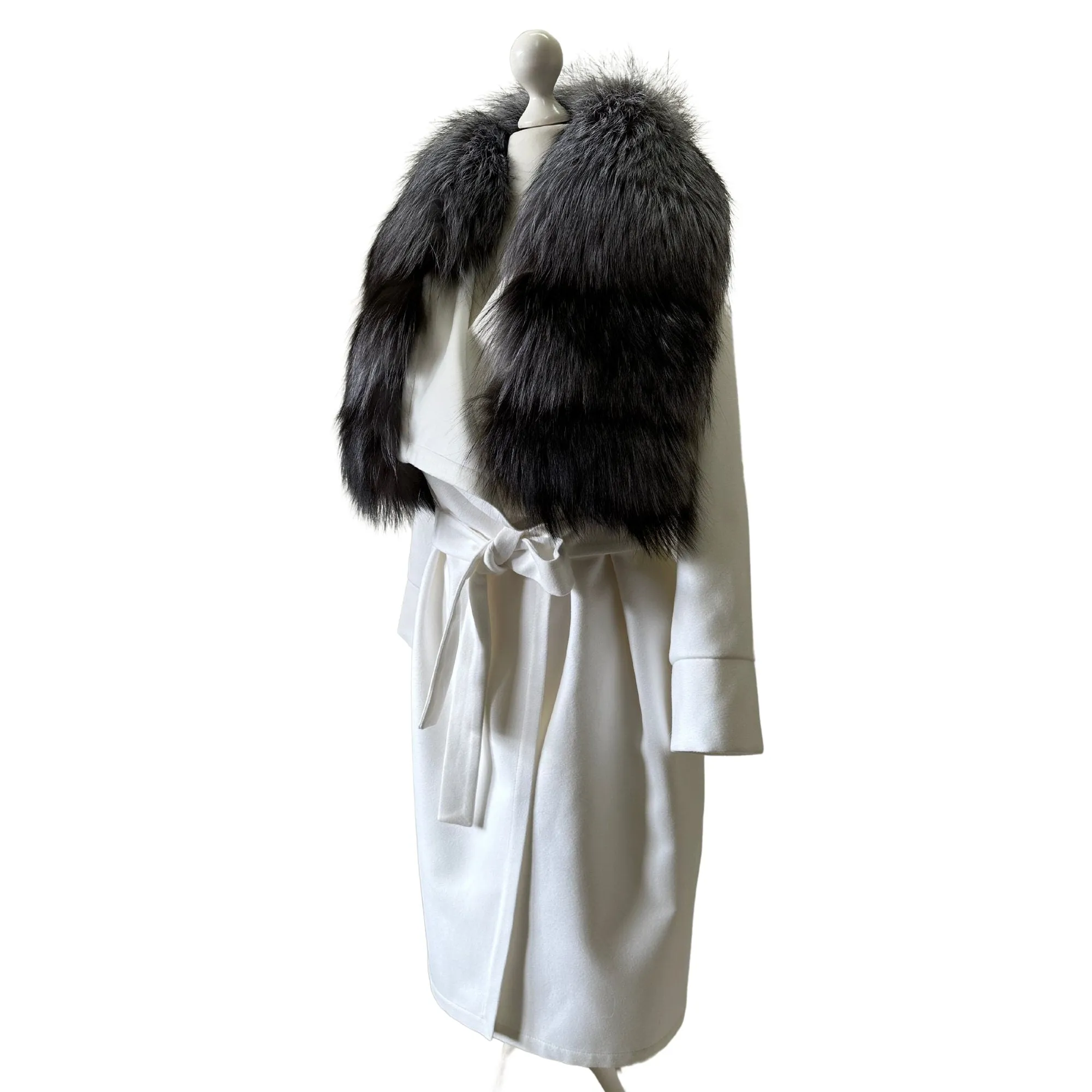 Women Ivory Off-White Coat long Woolen blend and Collar silver fox fur, Wrap elegant womens event coat
