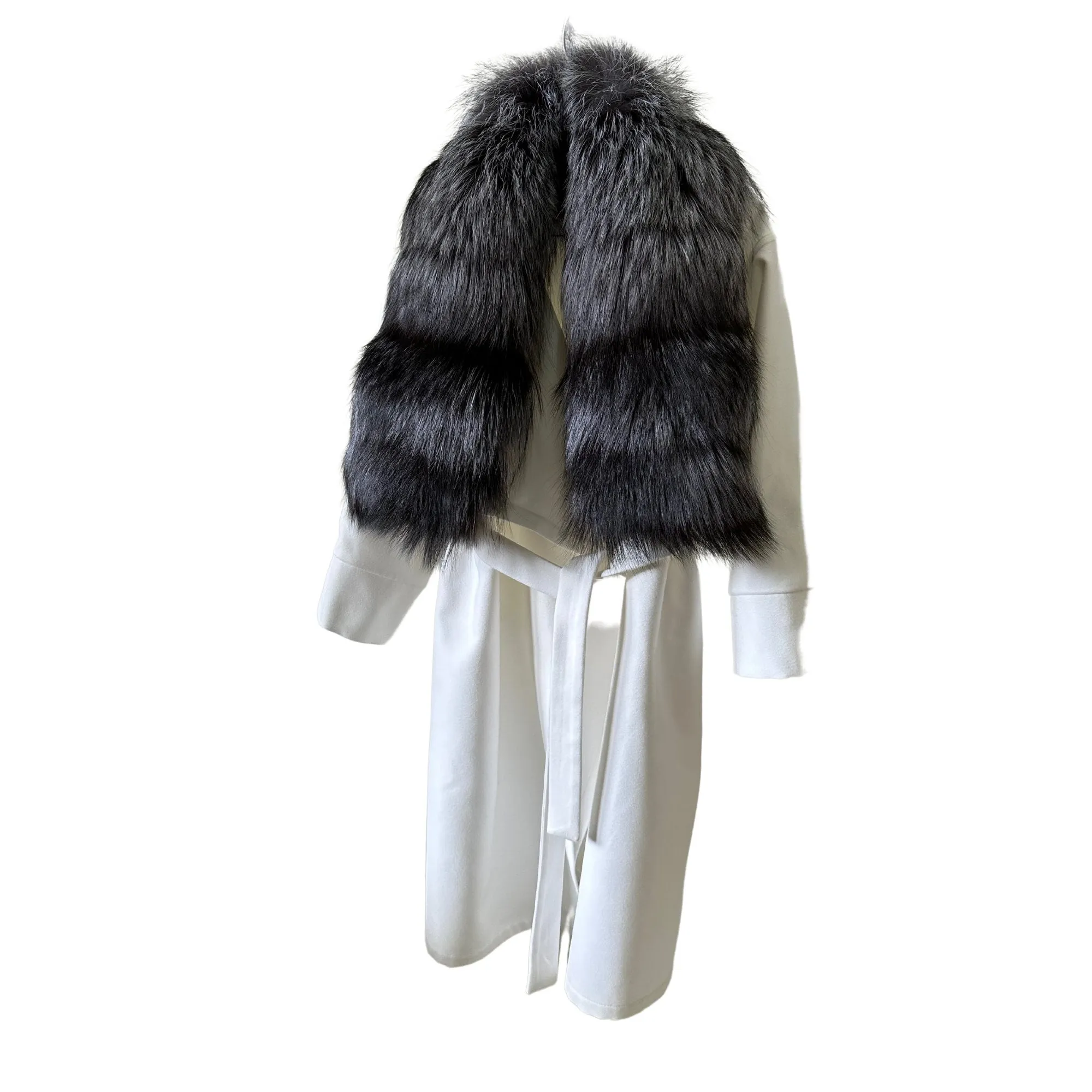 Women Ivory Off-White Coat long Woolen blend and Collar silver fox fur, Wrap elegant womens event coat