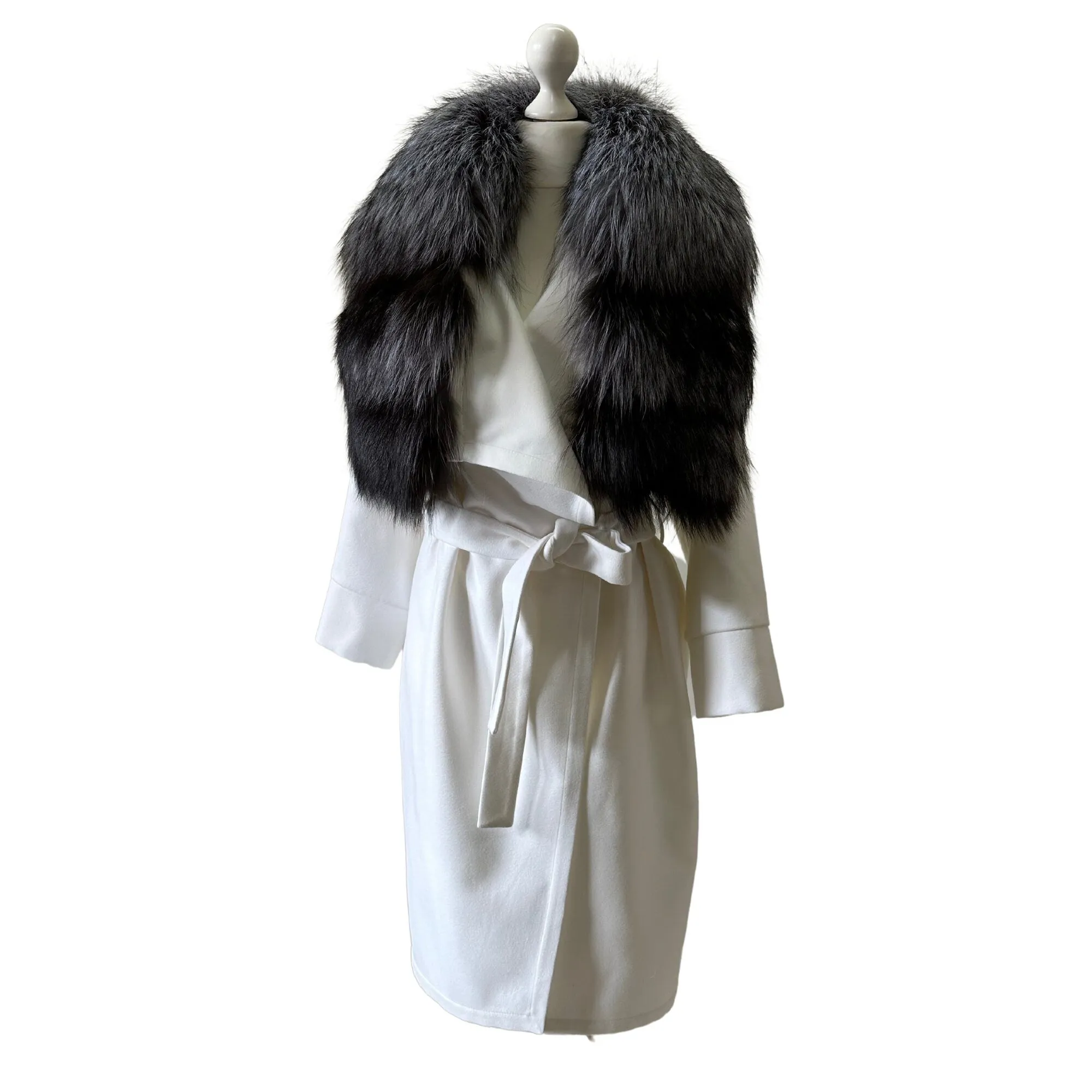 Women Ivory Off-White Coat long Woolen blend and Collar silver fox fur, Wrap elegant womens event coat