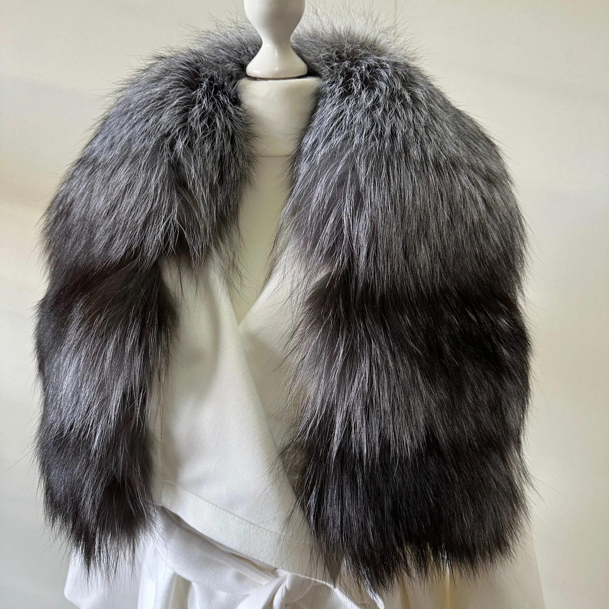 Women Ivory Off-White Coat long Woolen blend and Collar silver fox fur, Wrap elegant womens event coat