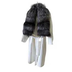 Women Ivory Off-White Coat long Woolen blend and Collar silver fox fur, Wrap elegant womens event coat