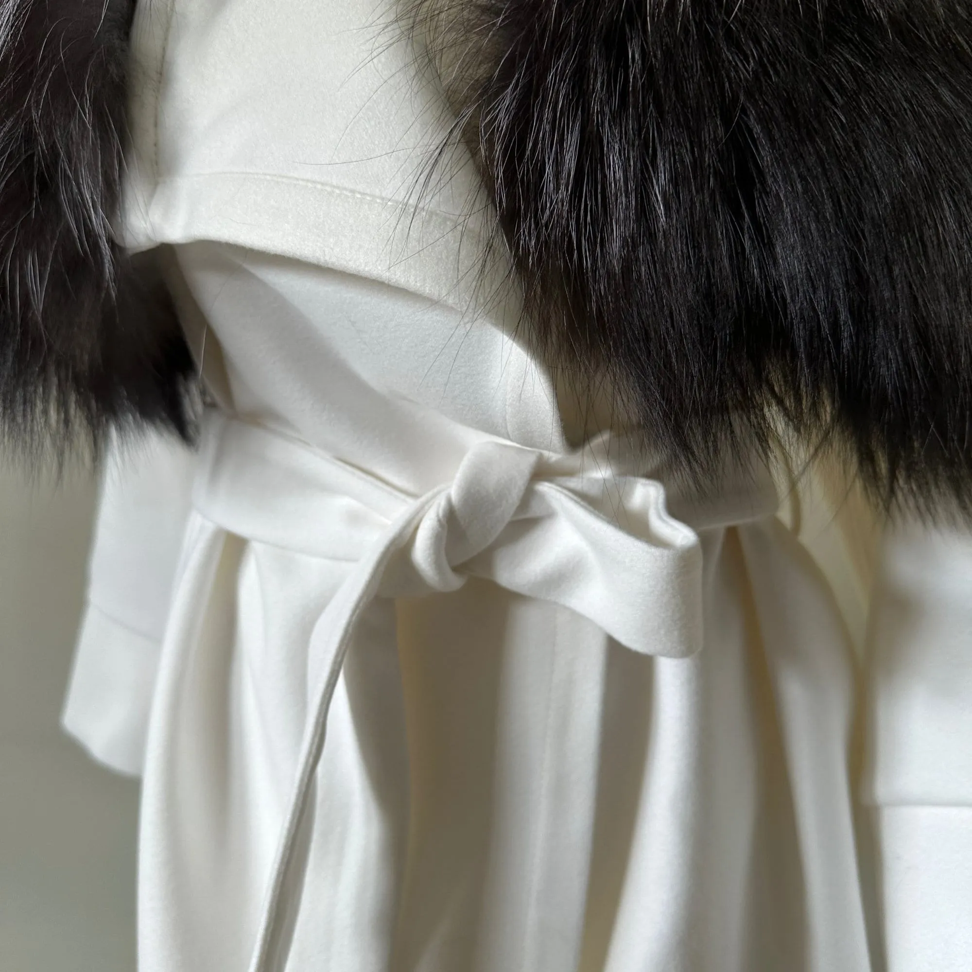 Women Ivory Off-White Coat long Woolen blend and Collar silver fox fur, Wrap elegant womens event coat