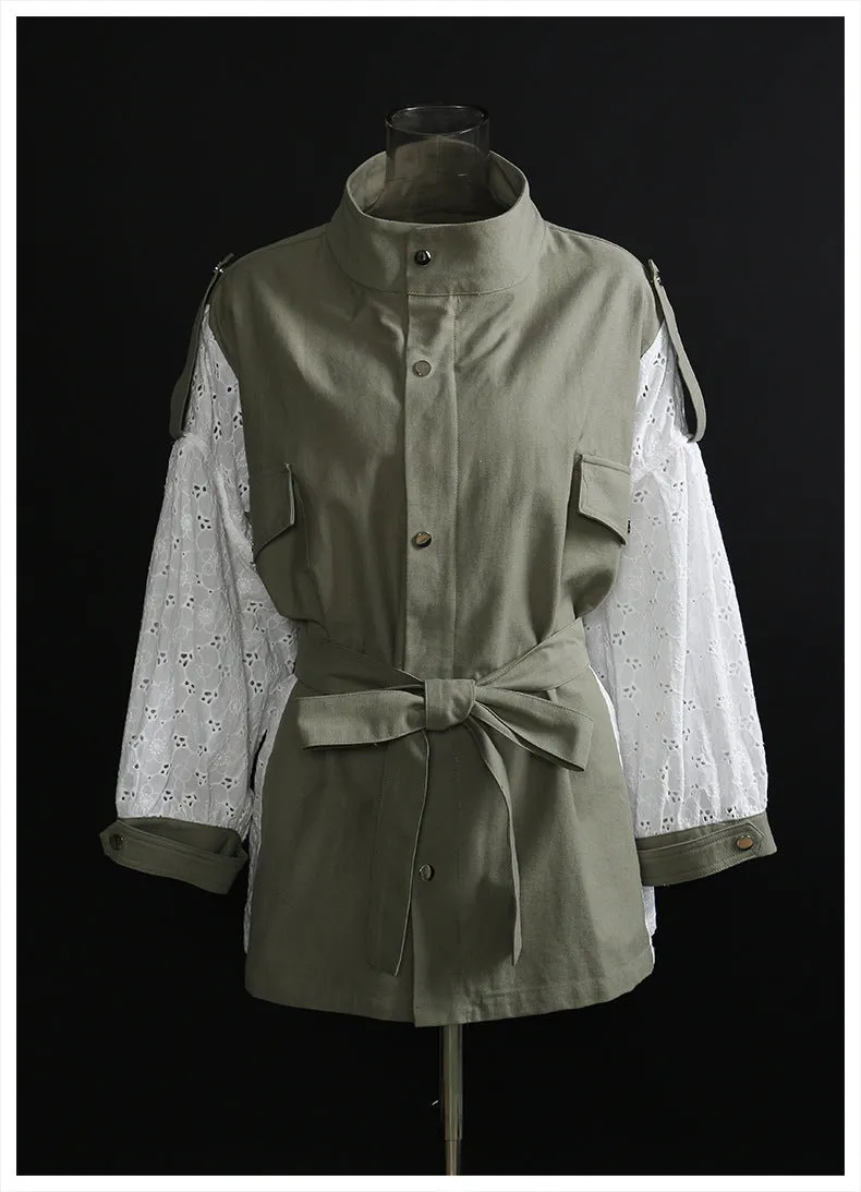 Women Lace Loose Windbreaker Washed Coat
