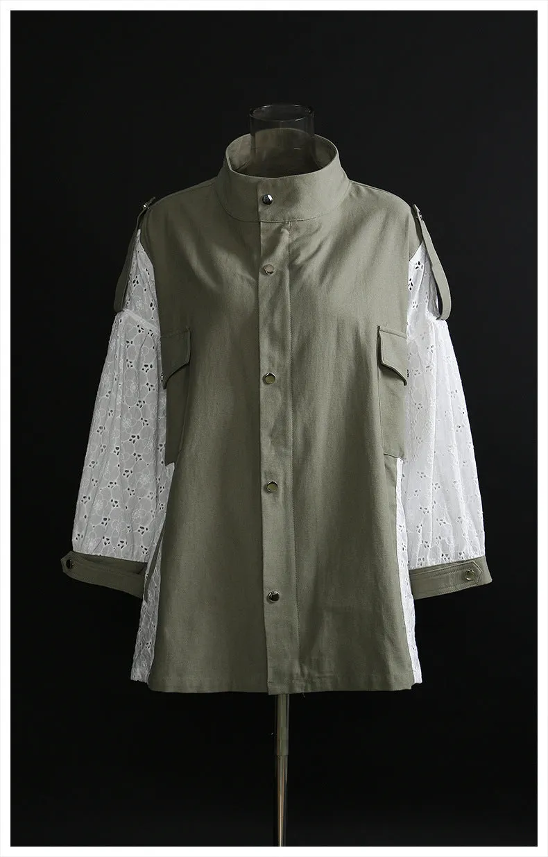 Women Lace Loose Windbreaker Washed Coat