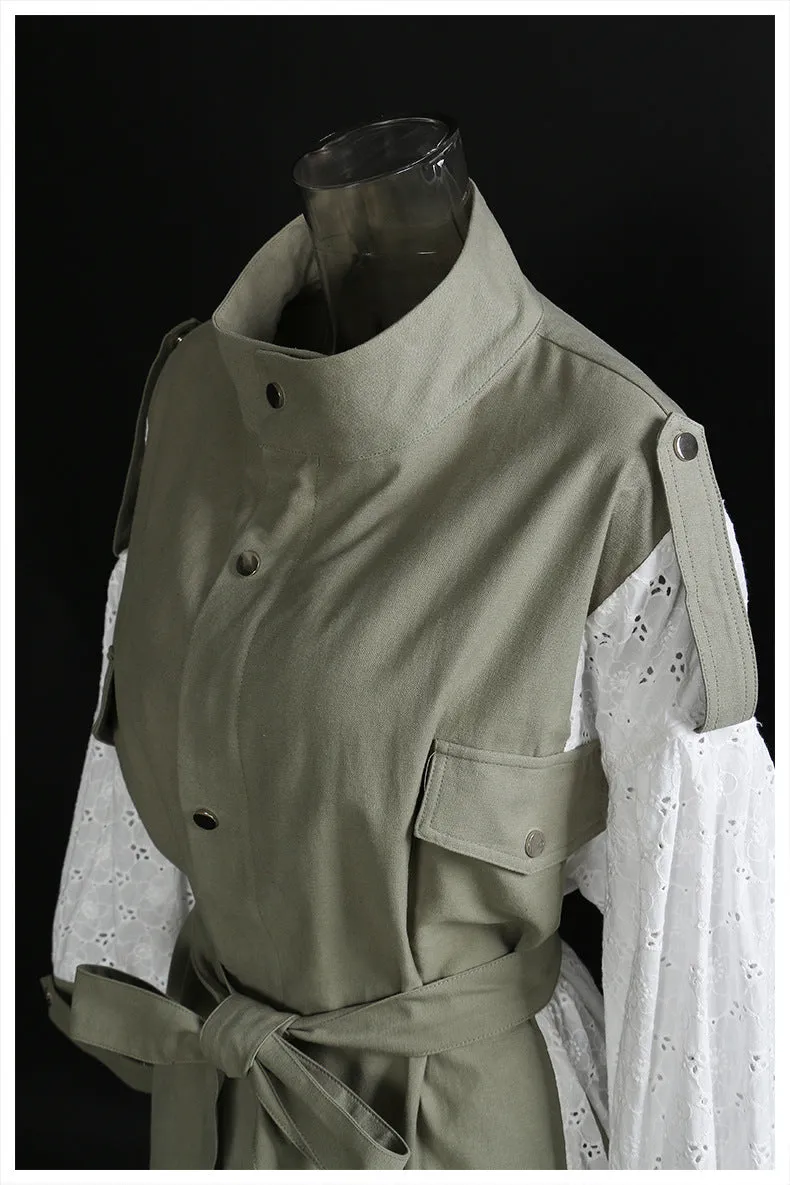Women Lace Loose Windbreaker Washed Coat