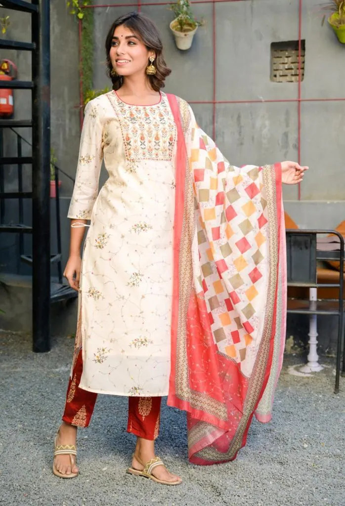 Women Multi Colored Embroidered Dupatta Set