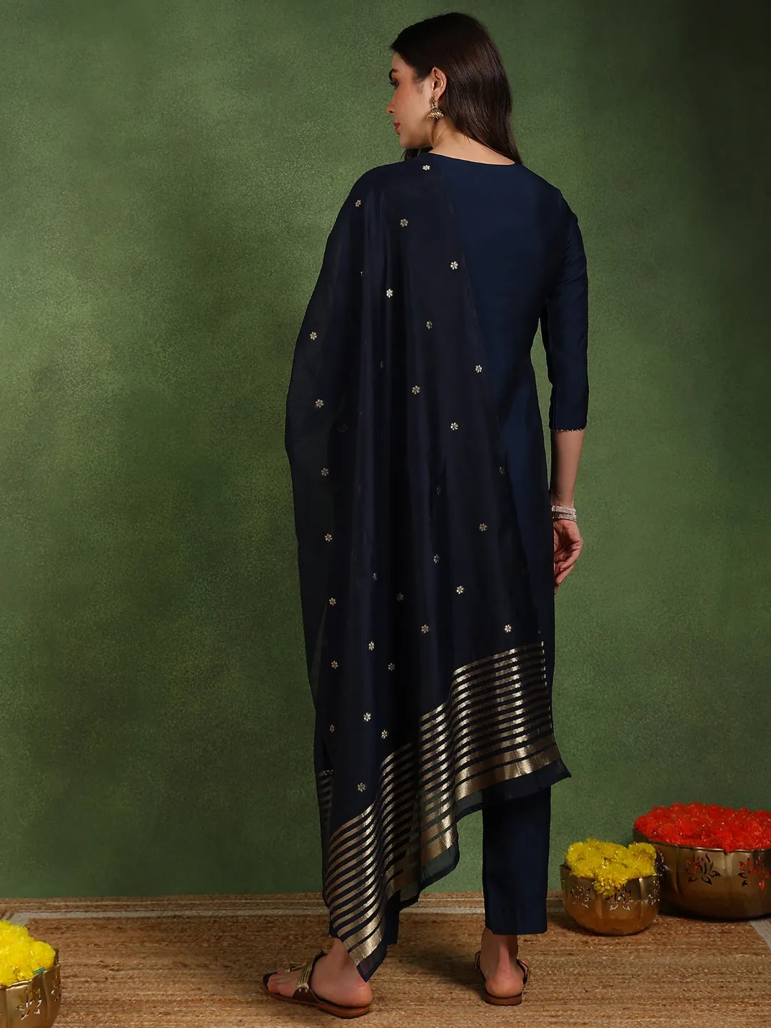 Women Navy Blue Silk Blend Solid Embroidered Straight Kurta Trouser With Dupatta