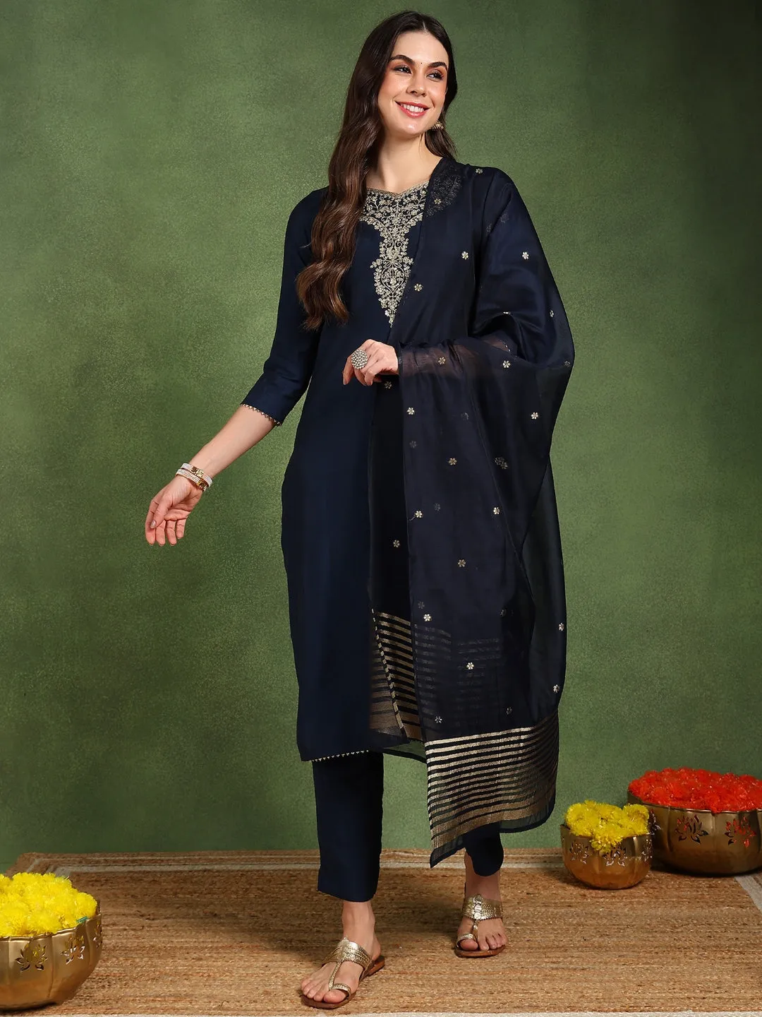 Women Navy Blue Silk Blend Solid Embroidered Straight Kurta Trouser With Dupatta