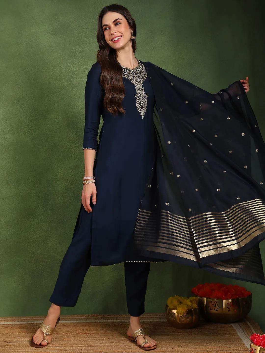 Women Navy Blue Silk Blend Solid Embroidered Straight Kurta Trouser With Dupatta