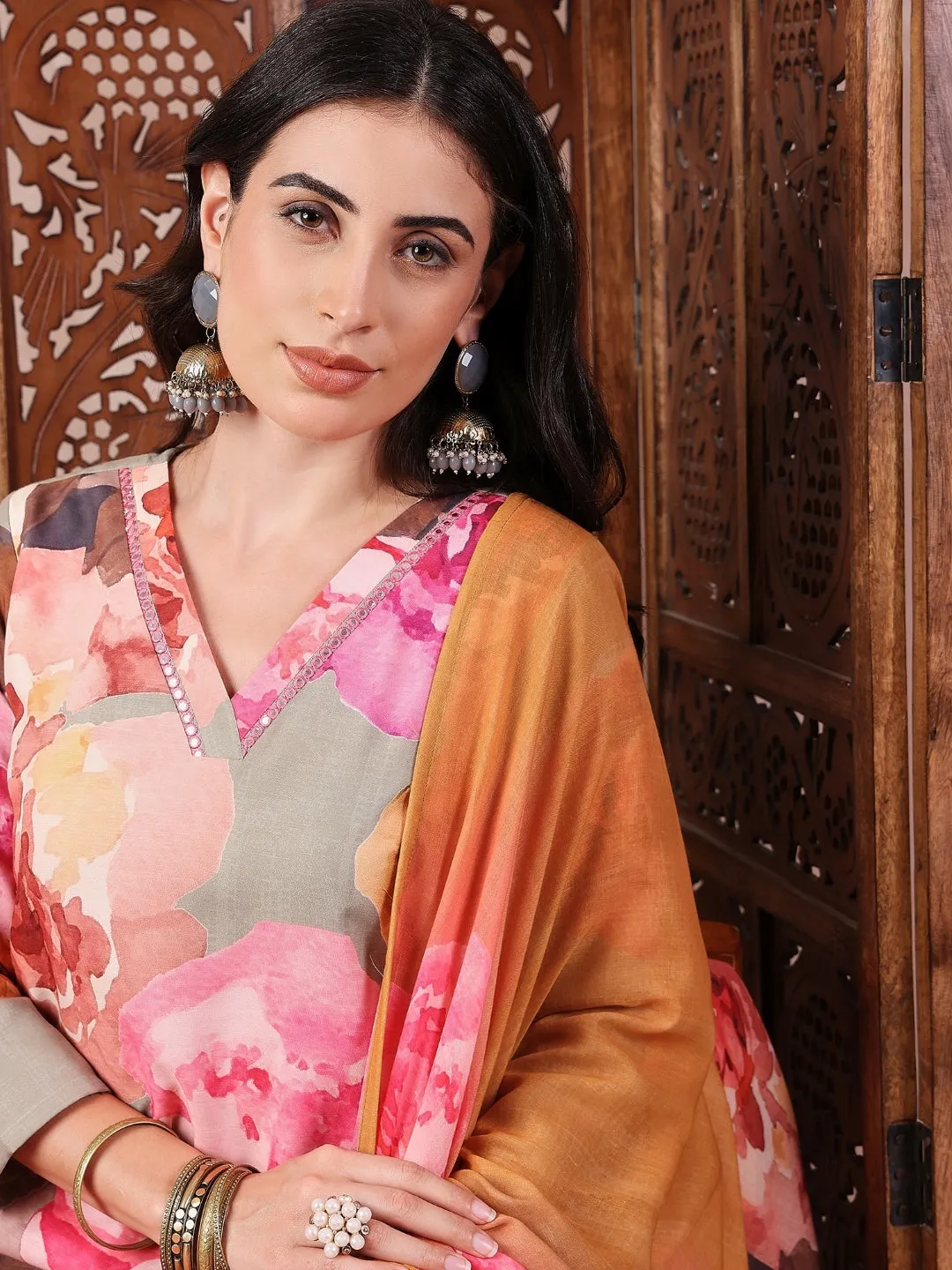 Women Olive Silk Blend Floral Printed Straight Kurta Trouser With Dupatta