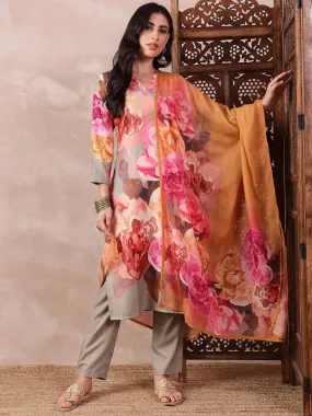 Women Olive Silk Blend Floral Printed Straight Kurta Trouser With Dupatta