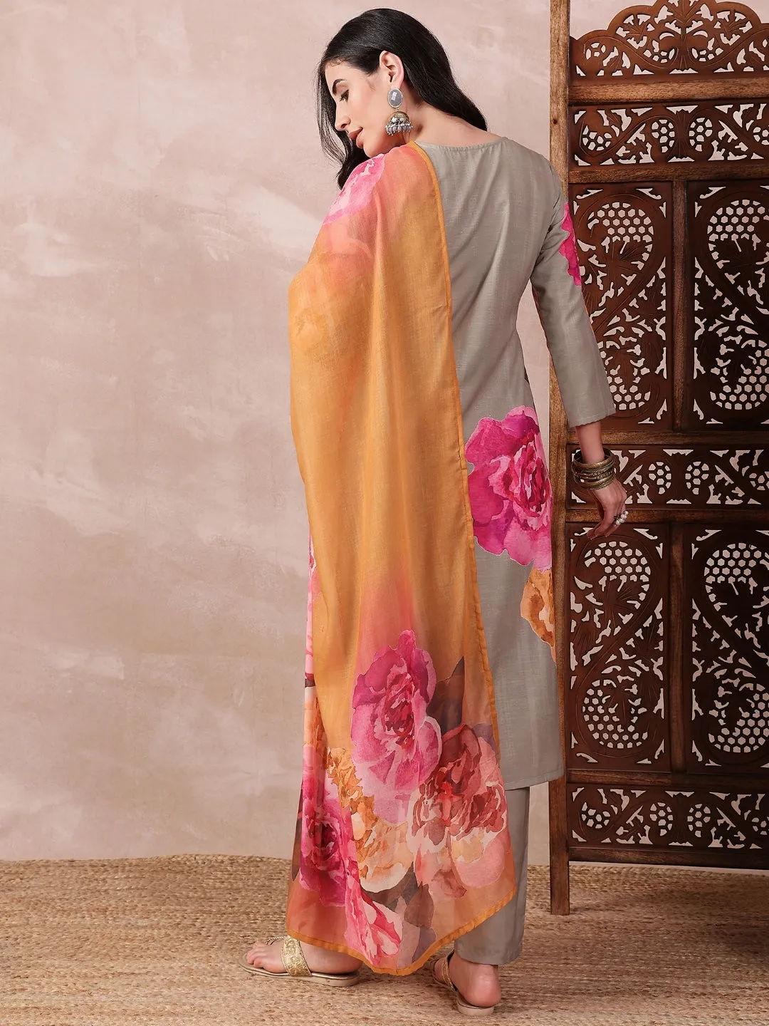 Women Olive Silk Blend Floral Printed Straight Kurta Trouser With Dupatta