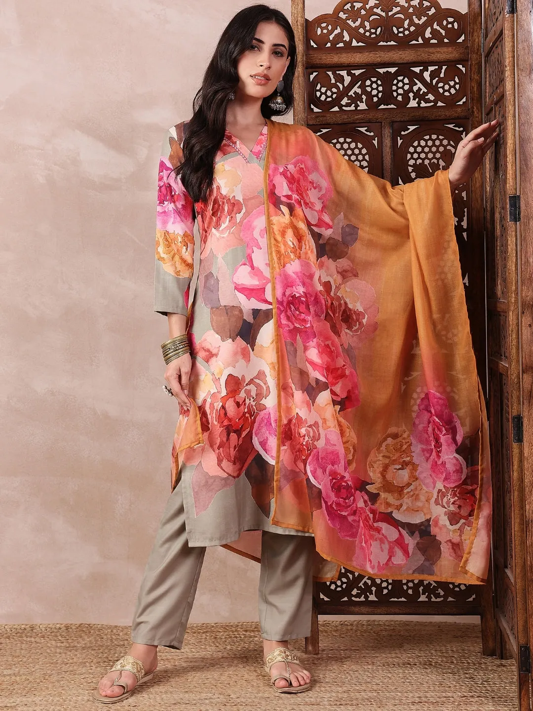 Women Olive Silk Blend Floral Printed Straight Kurta Trouser With Dupatta