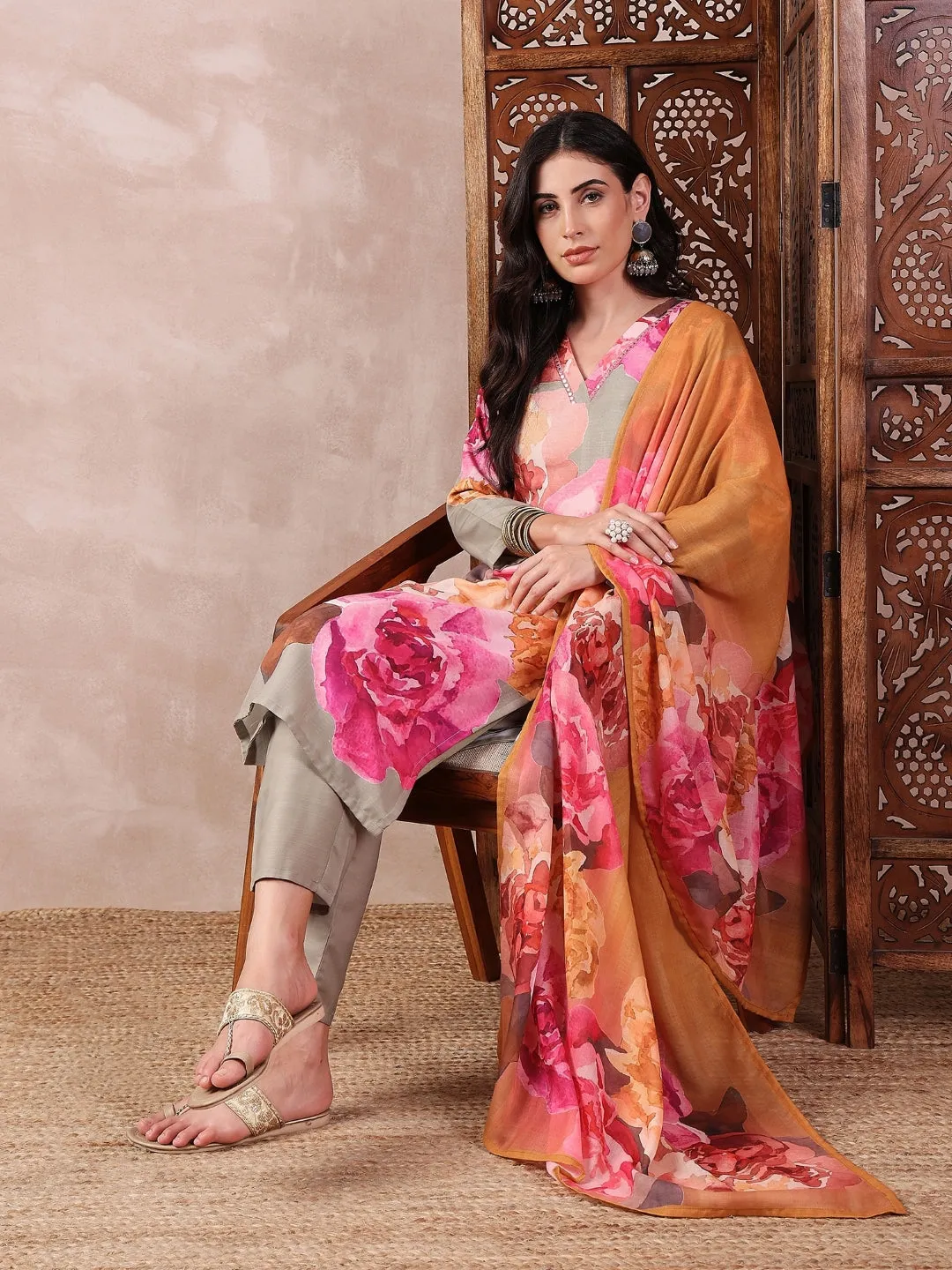 Women Olive Silk Blend Floral Printed Straight Kurta Trouser With Dupatta