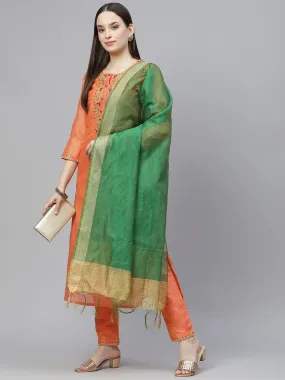 Women Orange & Green Ethnic Yoke Design Kurta With Trousers & With Dupatta