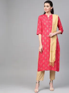 Women Pink & Gold Straight Ethnic Motifs Printed Kurta And Trousers Set