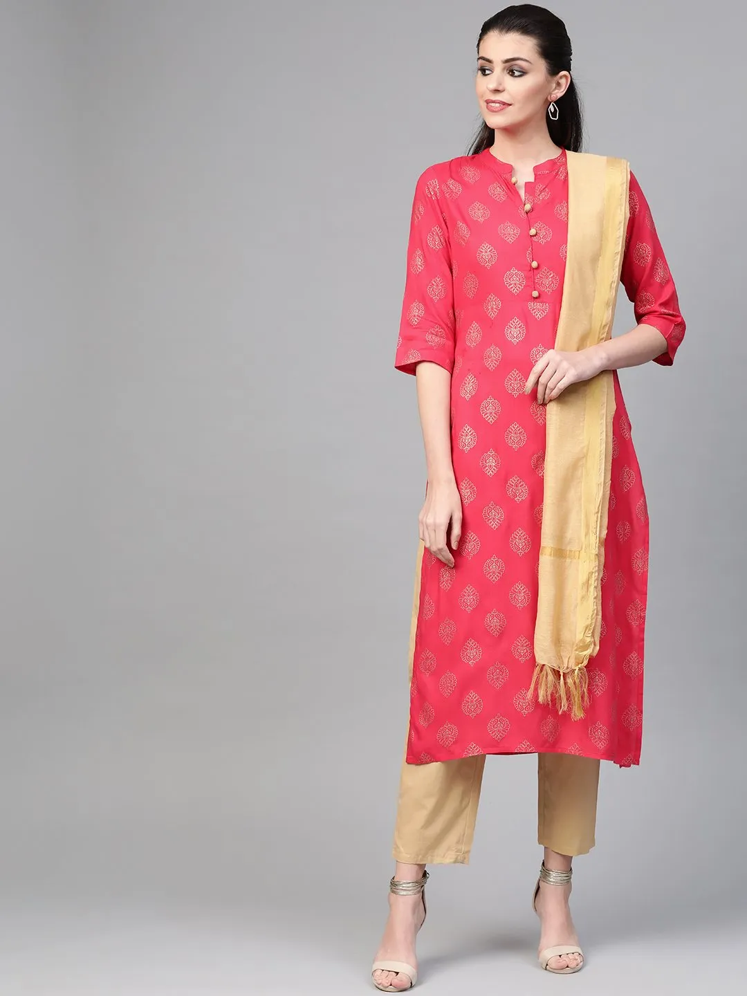 Women Pink & Gold Straight Ethnic Motifs Printed Kurta And Trousers Set