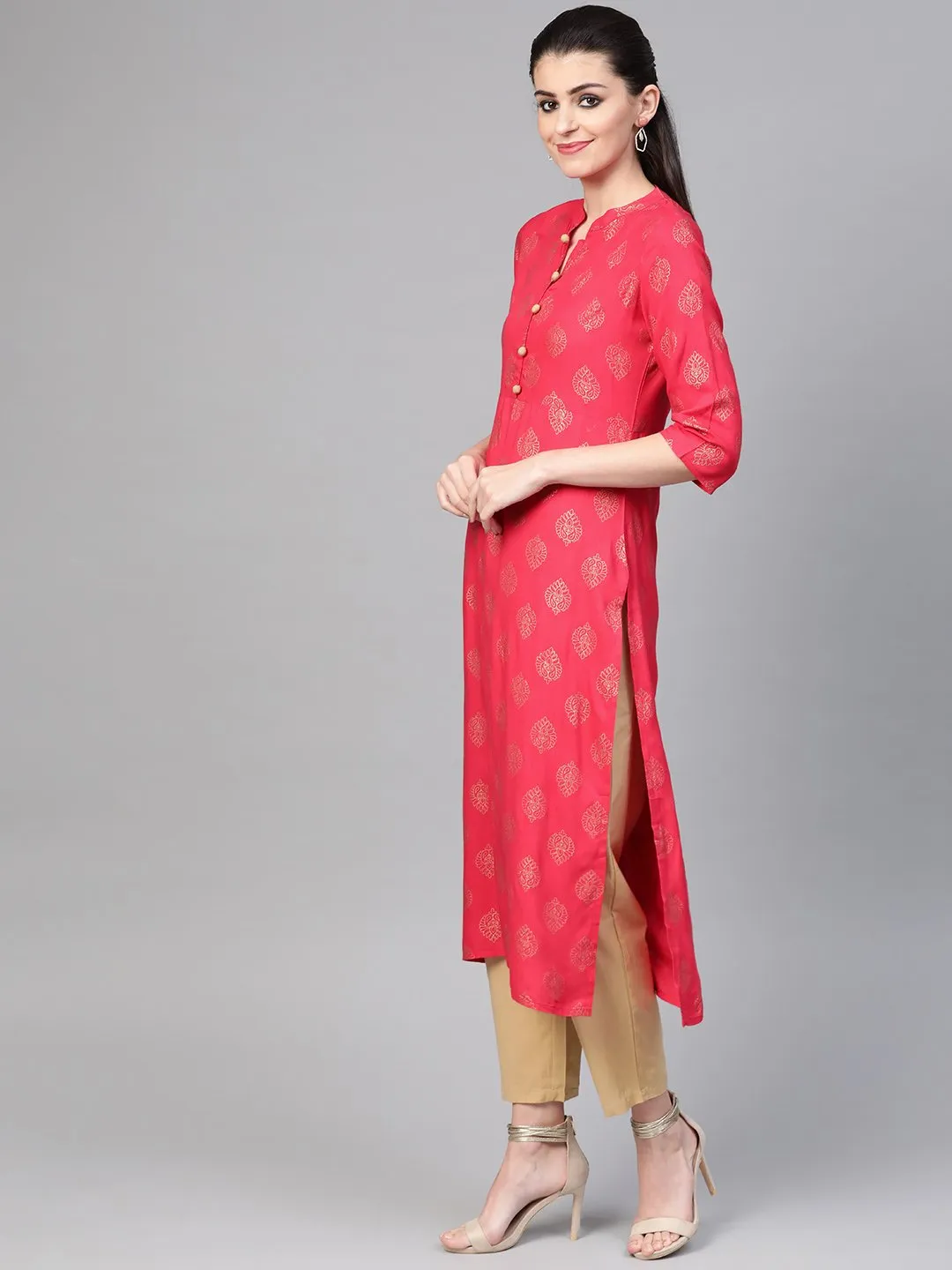 Women Pink & Gold Straight Ethnic Motifs Printed Kurta And Trousers Set