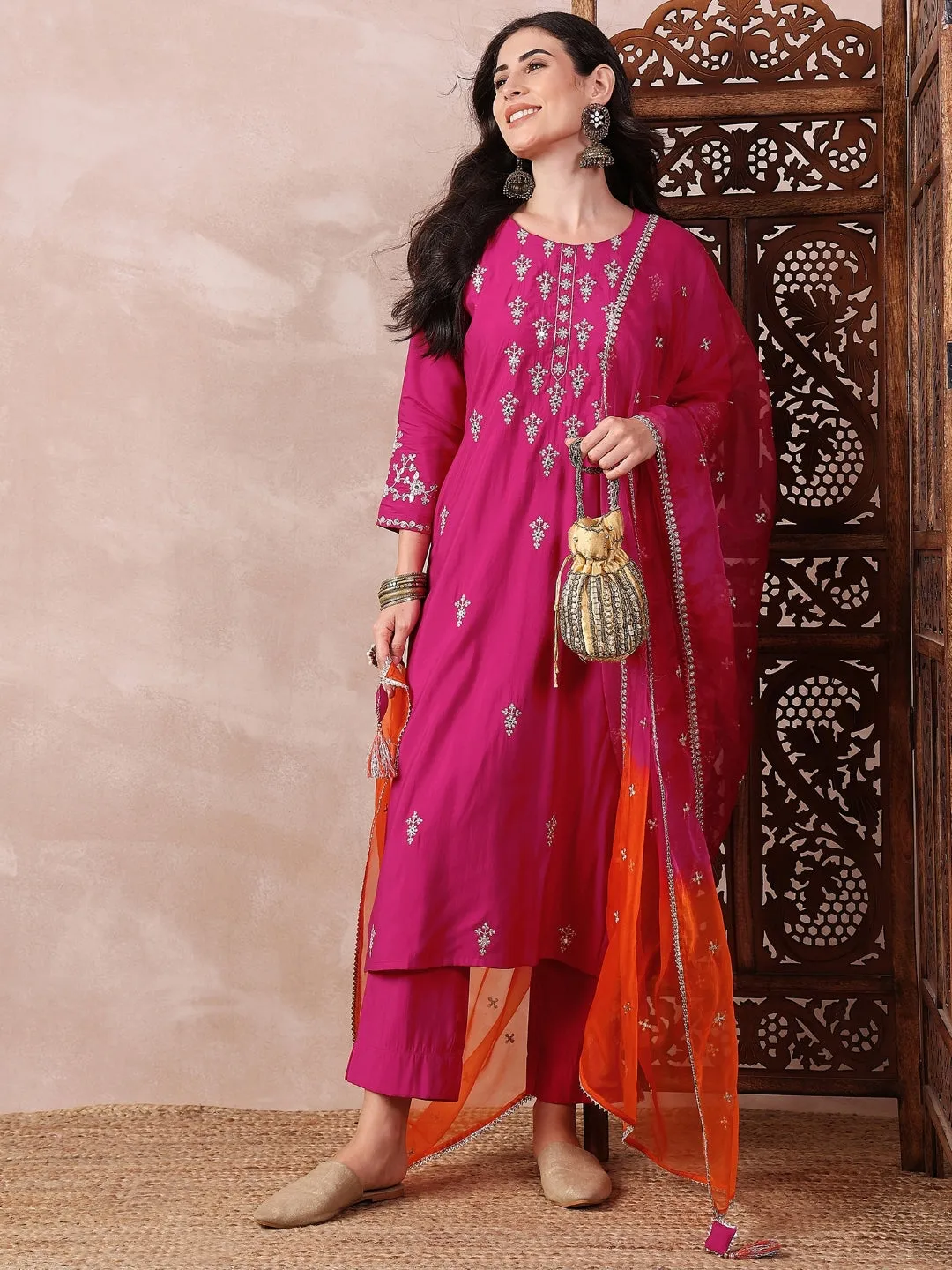 Women Pink Silk Blend Solid Embroidered Straight Kurta Trouser With Dupatta