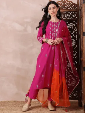 Women Pink Silk Blend Solid Embroidered Straight Kurta Trouser With Dupatta