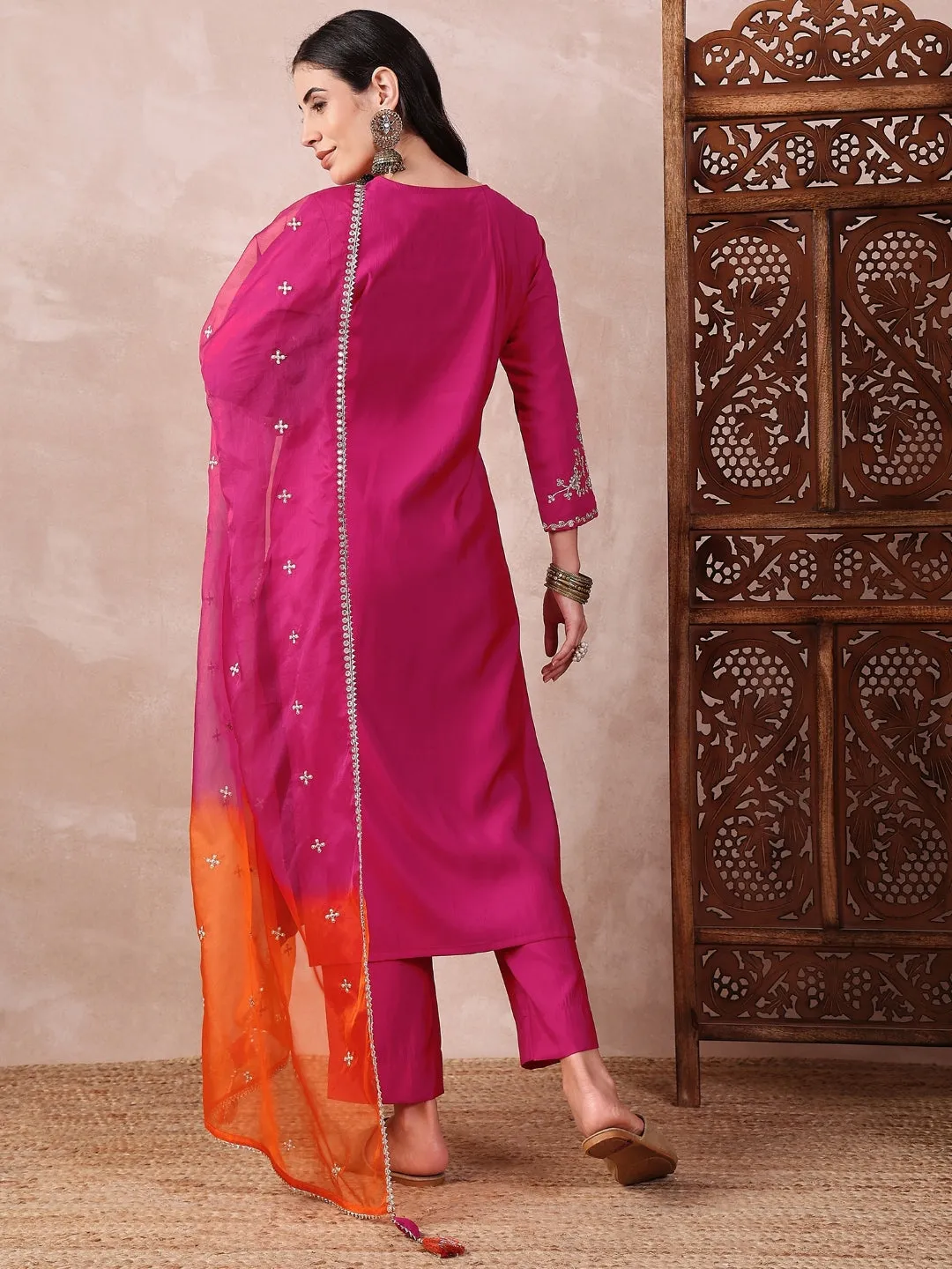 Women Pink Silk Blend Solid Embroidered Straight Kurta Trouser With Dupatta