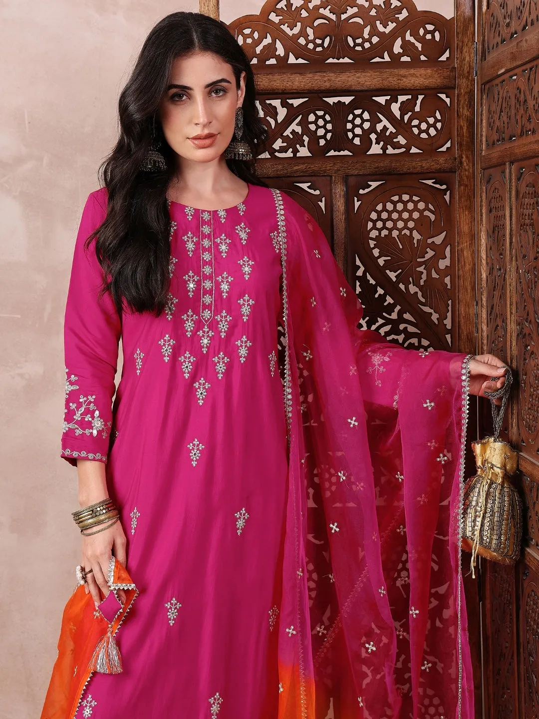 Women Pink Silk Blend Solid Embroidered Straight Kurta Trouser With Dupatta
