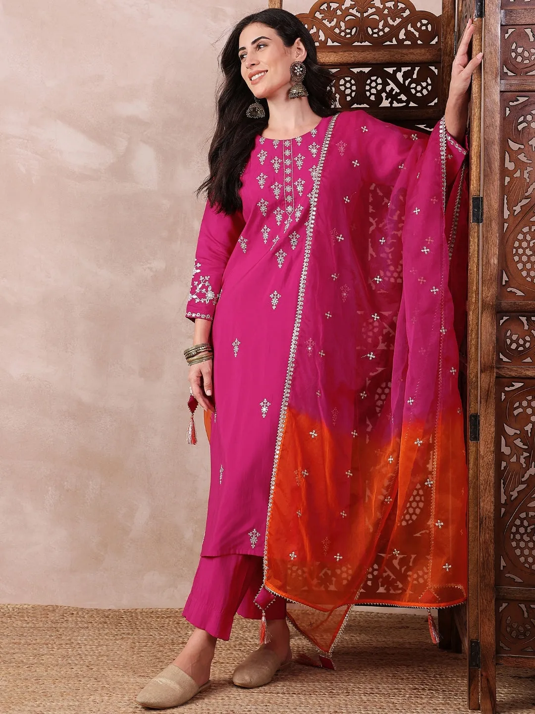 Women Pink Silk Blend Solid Embroidered Straight Kurta Trouser With Dupatta