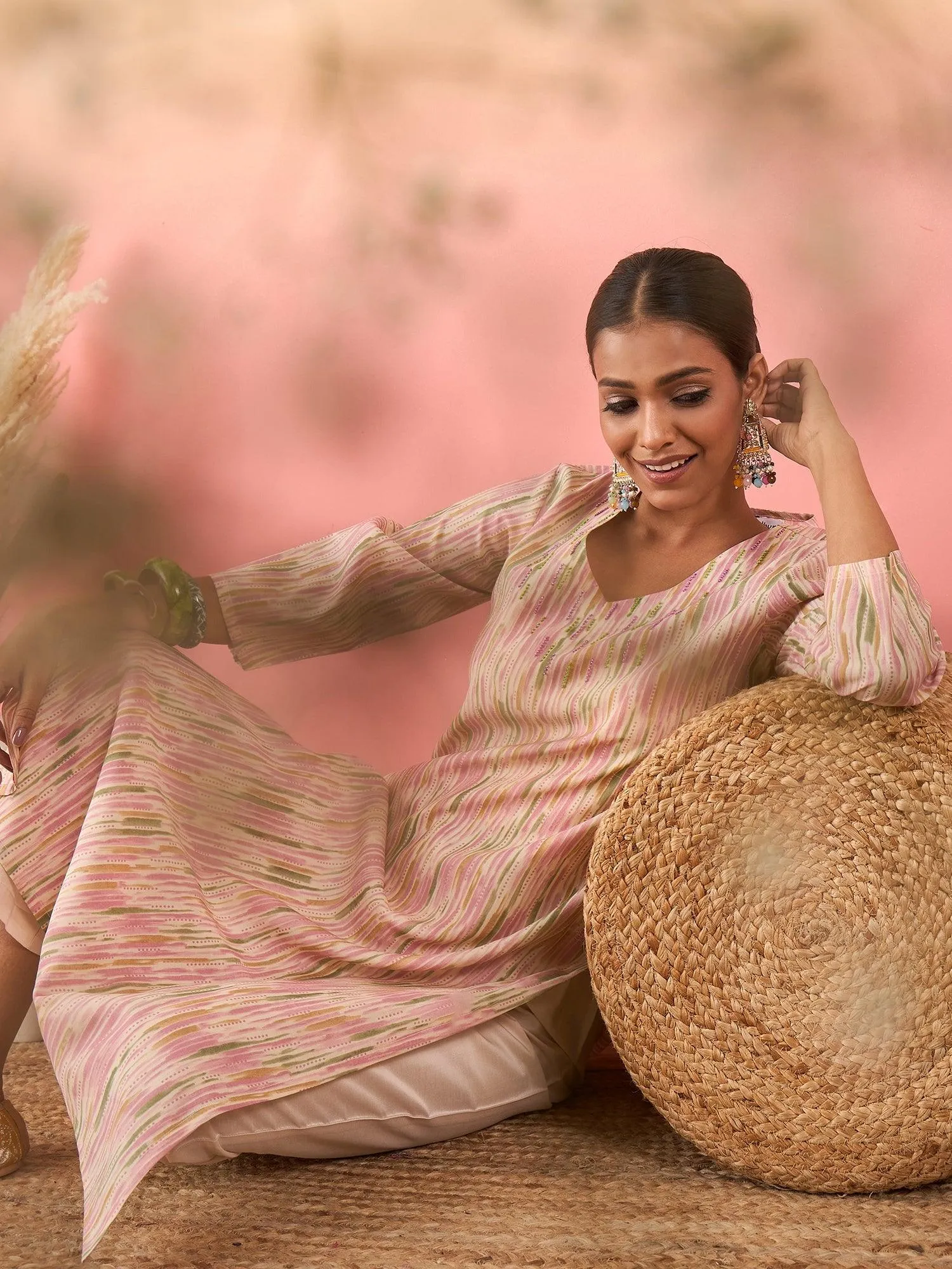 Women Printed Regular Beads and Stones Chanderi Silk Kurta with Trousers