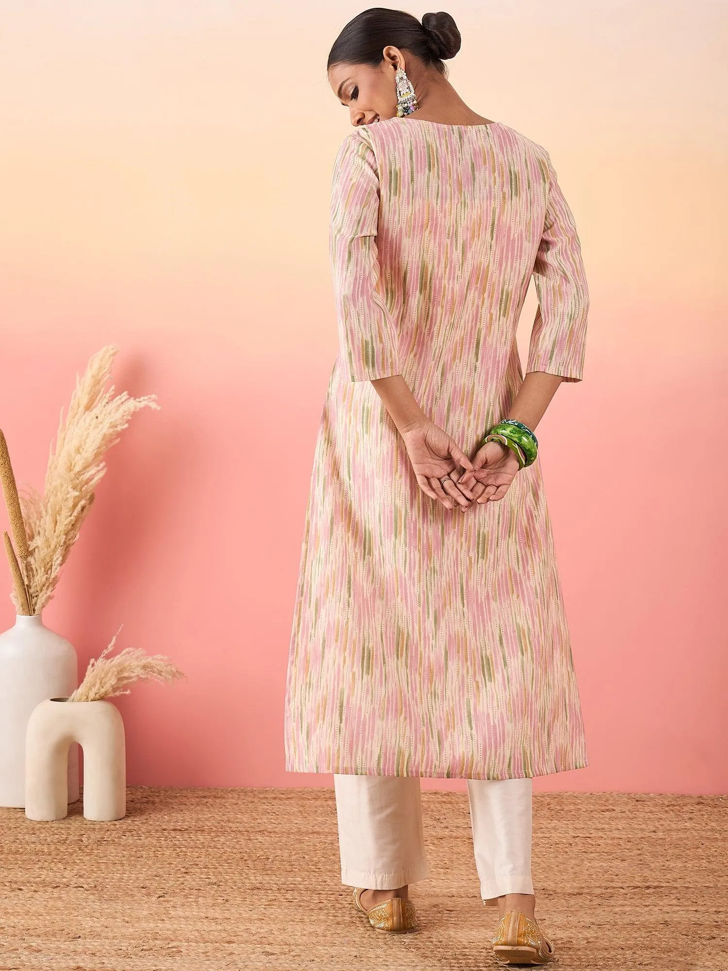 Women Printed Regular Beads and Stones Chanderi Silk Kurta with Trousers