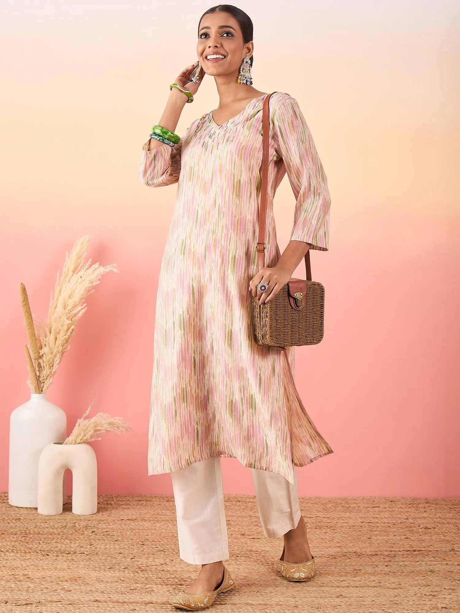 Women Printed Regular Beads and Stones Chanderi Silk Kurta with Trousers