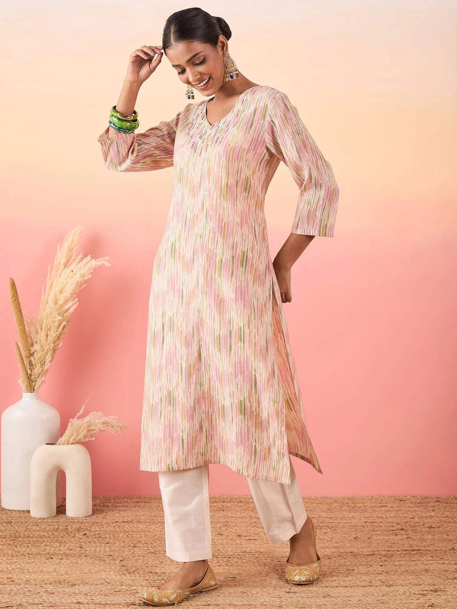 Women Printed Regular Beads and Stones Chanderi Silk Kurta with Trousers