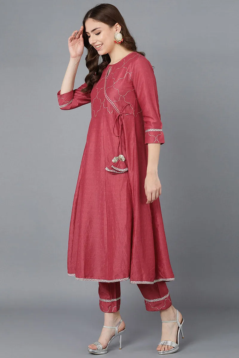 Women Red Poly Silk Embroidered Kurta Trousers With Dupatta