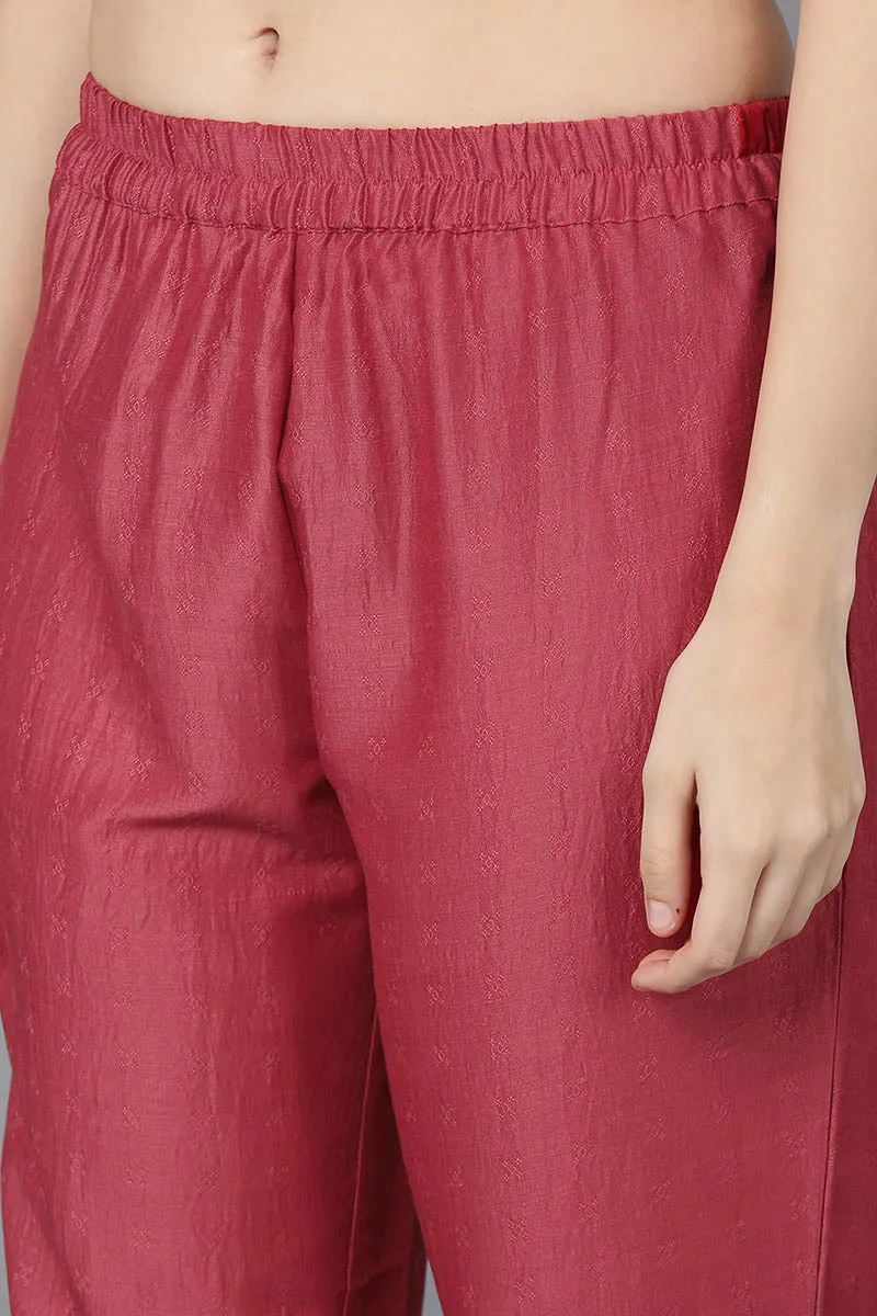 Women Red Poly Silk Embroidered Kurta Trousers With Dupatta