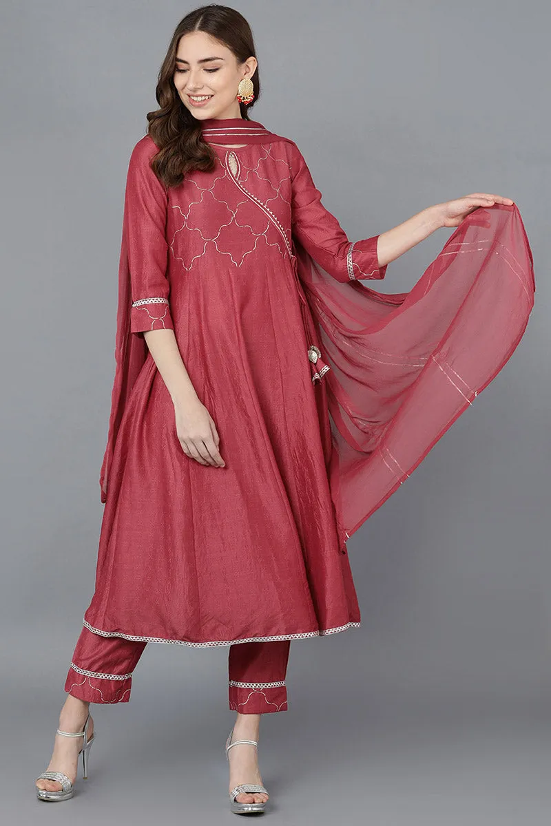 Women Red Poly Silk Embroidered Kurta Trousers With Dupatta