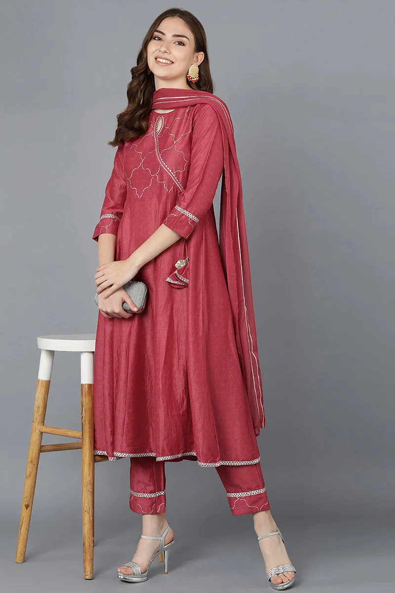 Women Red Poly Silk Embroidered Kurta Trousers With Dupatta