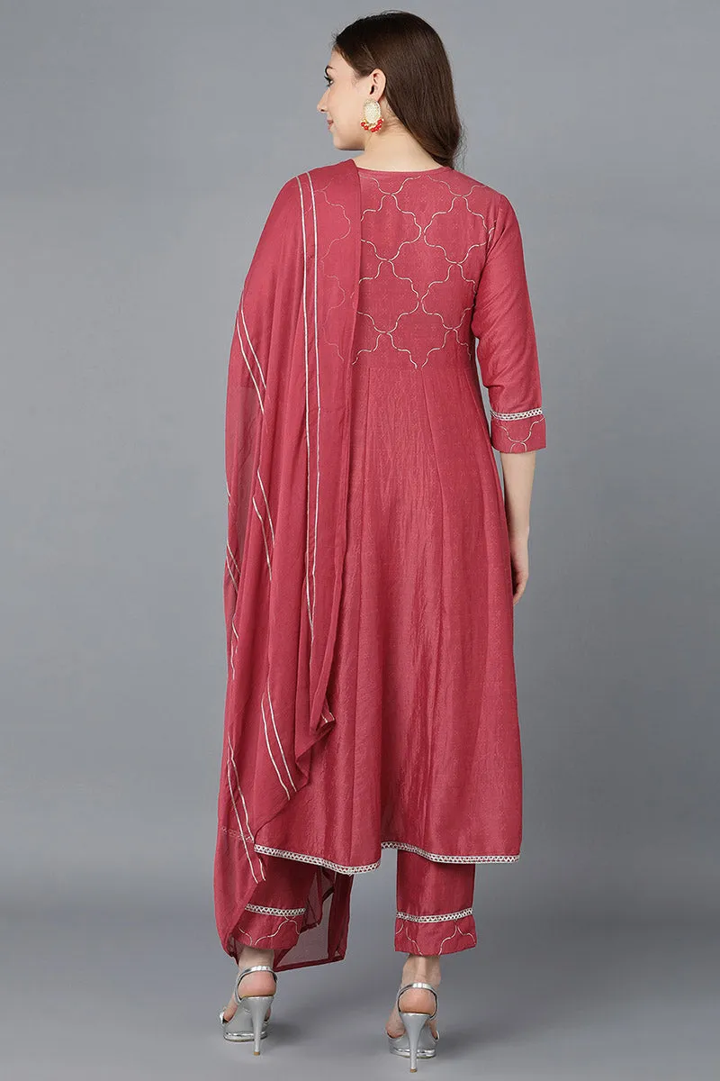 Women Red Poly Silk Embroidered Kurta Trousers With Dupatta