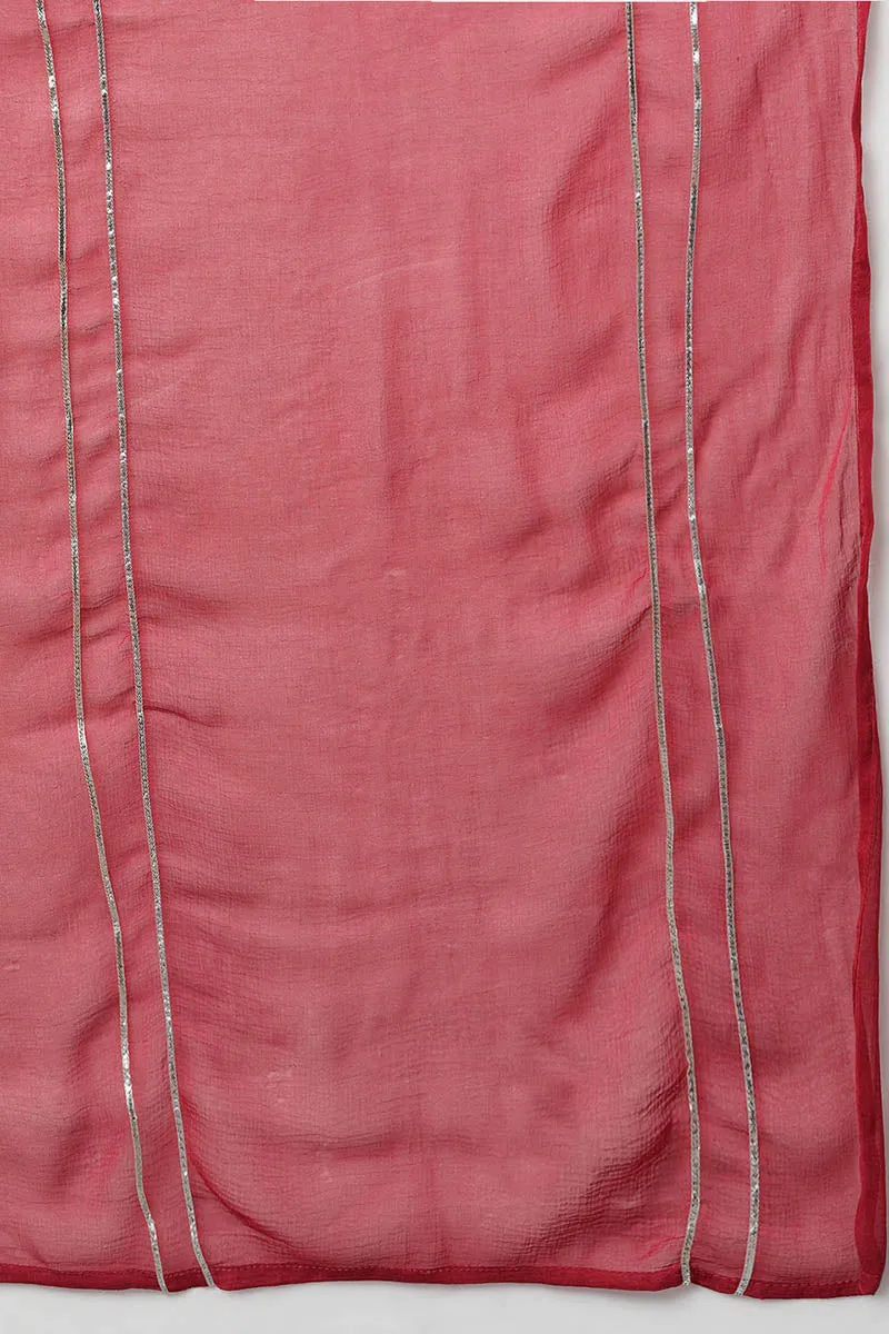 Women Red Poly Silk Embroidered Kurta Trousers With Dupatta