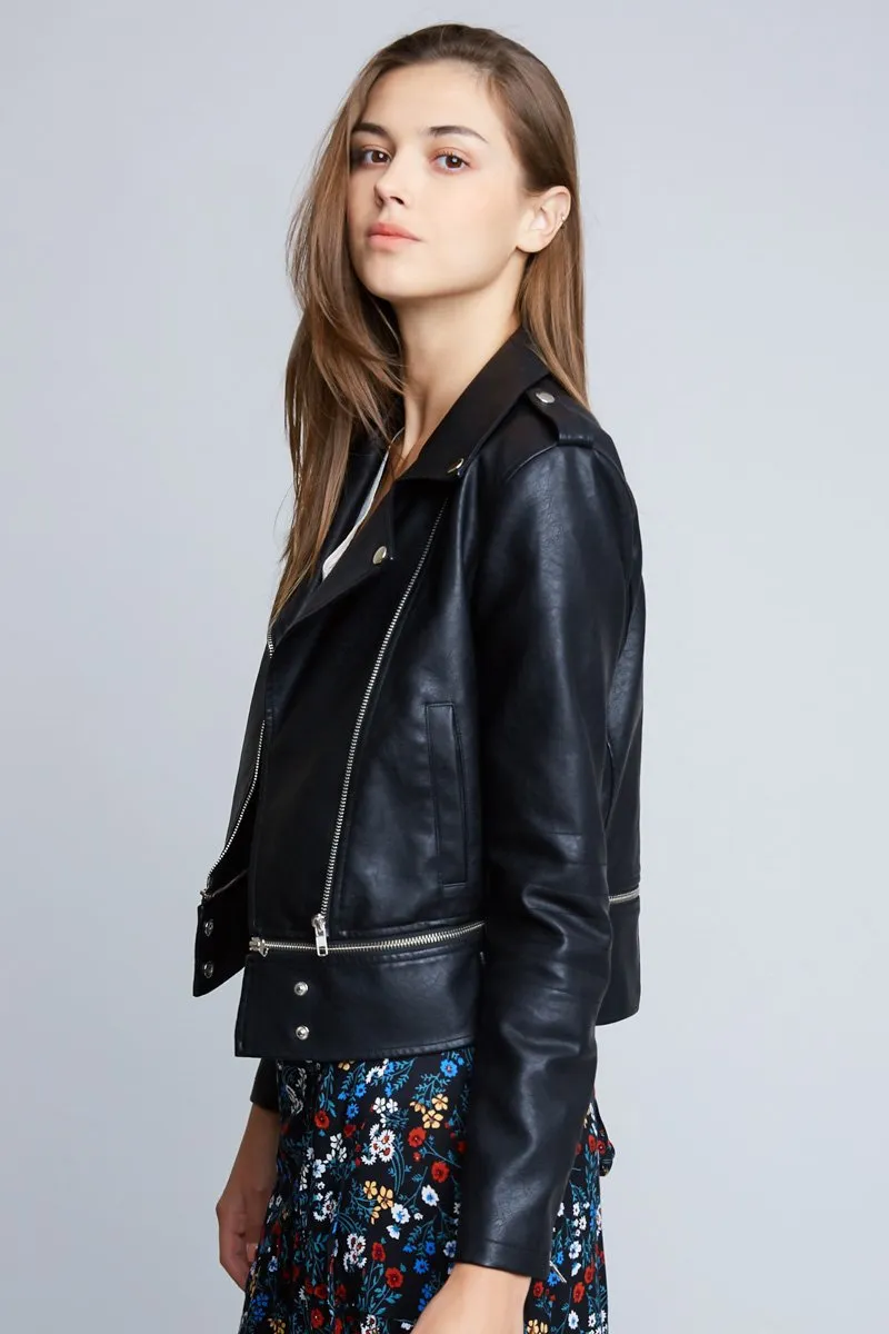Women's Black Cropped Moto Jacket.