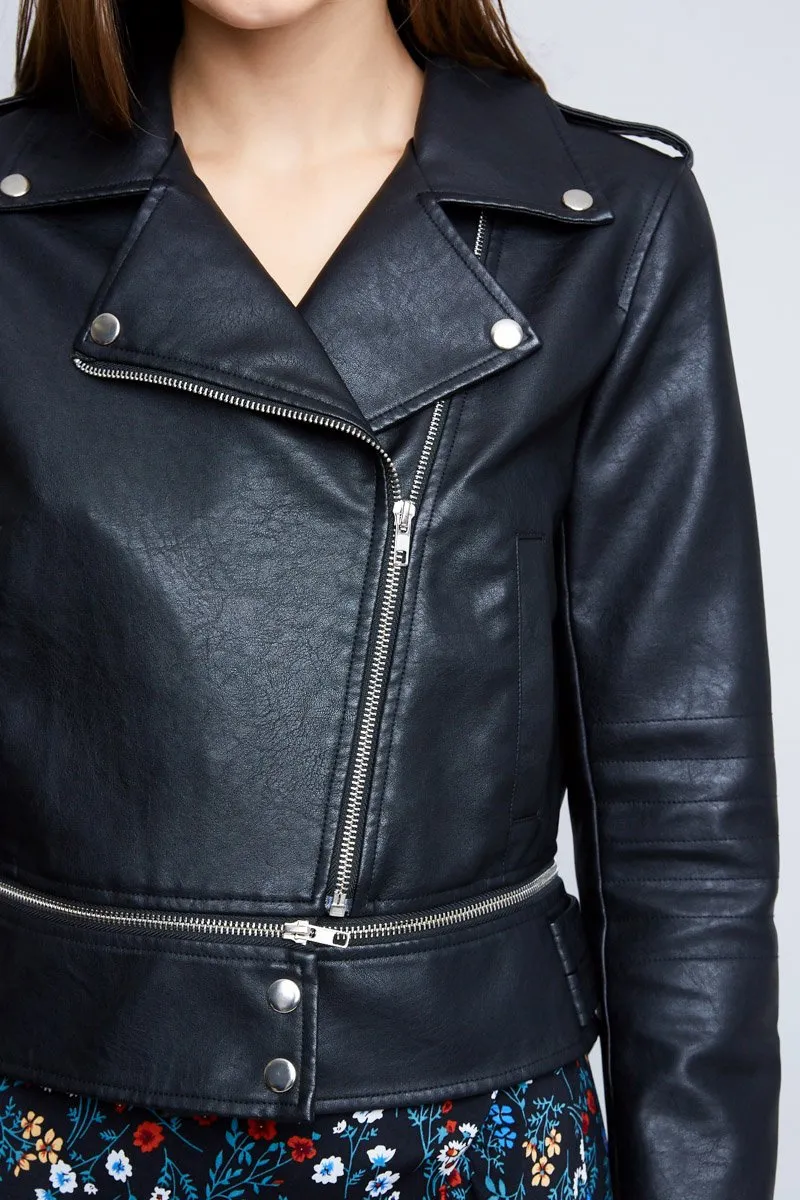 Women's Black Cropped Moto Jacket.