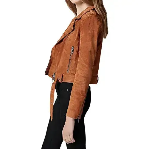 Women's Cropped Suede Leather Motorcycle Jacket – Chic & Stylish