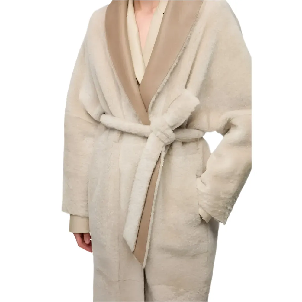 Women's Tan Brown Shearling Leather Coat With Belted Waist