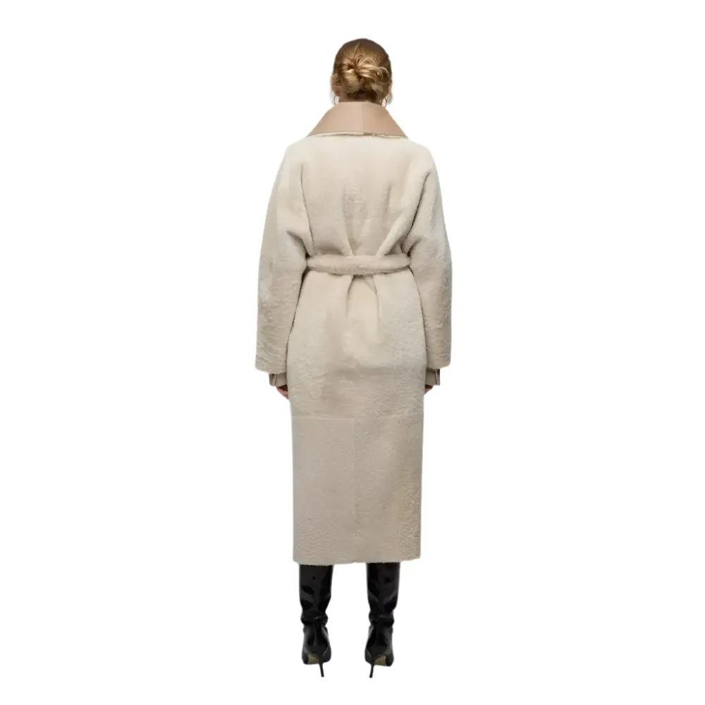Women's Tan Brown Shearling Leather Coat With Belted Waist