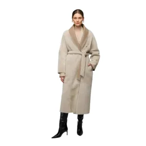 Women's Tan Brown Shearling Leather Coat With Belted Waist