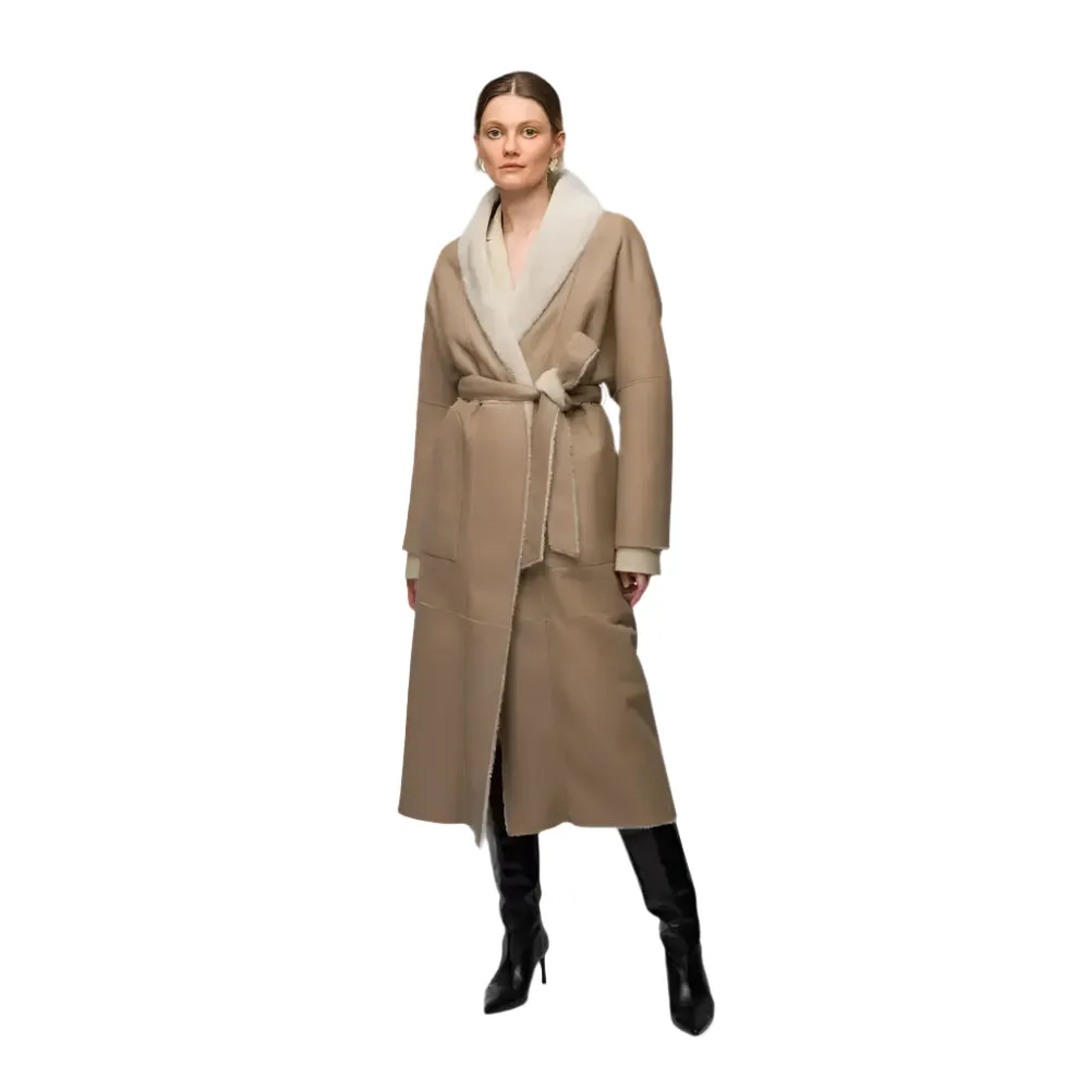Women's Tan Brown Shearling Leather Coat With Belted Waist
